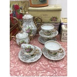 VINTAGE Rosy China Part Coffee Set For 4 - Pot, Cup, Saucers & Sugar - Victorian Couple 