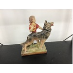 VINTAGE  Chalkware Girl & Dog Figurine - German Shepherd