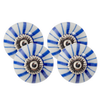 Round Ceramic Drawer Knob - Blue & White Stripe  - Set of Four (4)