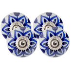 Round Ceramic Drawer Knob - Blue & White Flower  - Set of Four (4)