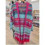 Long Pink Teal Tassel Coat - Acrylic Blend - Boho Western Retro - M/L