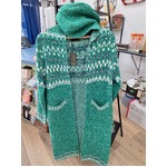 Long Green Cardigan Coat & Hoodie - Acrylic Blend - Boho Western Retro - S/M