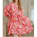 Everly Pink & Orange Floral Midi Dress Sleeves - 8