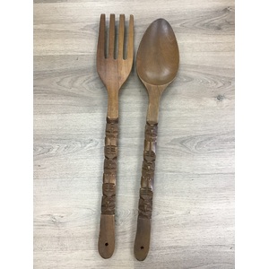 RETRO Wooden Tiki Carved Fork and Spoon Set - Wall Hanging 70 cm