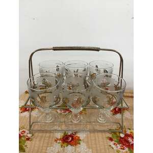 VINTAGE Drinking Glasses Set w Gold Wire Carrier - Gold Leaf Motif 