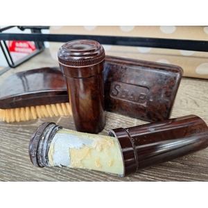 VINTAGE Brown Xylonite Bathroom Travel Set - Soap Brush Canister