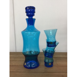 MCM Turquoise Blue Decanter w 3 Glasses - Made in Poland  