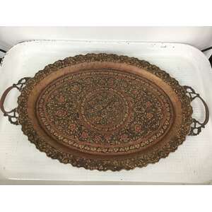 ANTIQUE Enamelled Brass Tray - India - Oval w Handles 