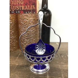 VINTAGE Cobalt Blue Glass Sugar Bowl in Chrome Basket w Spoon - English 