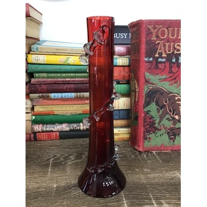 Cranberry Red Glass Vase w Applied Rigaree