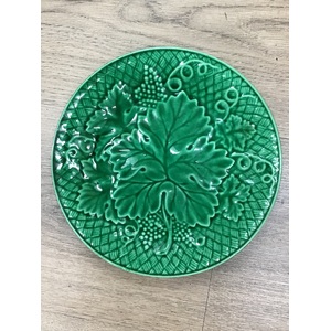 ANTIQUE Salins France Majolica Plate - Green Grape Leaf  & Basket Weave 1880