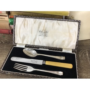 Cased Cutlery Set - Firth-Brearley Knife - Initialled M - Silver Plate - Children's Set