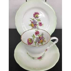 VINTAGE Royal Stafford Tea Cup Trio - Green With Floral Motif 