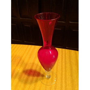 RETRO Red Glass Vase with Clear Twisted Stem & Base