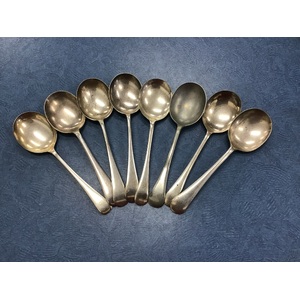 VINTAGE Rattail Handle Soup Spoons - Mixed Lot of 8 - Silver Plate