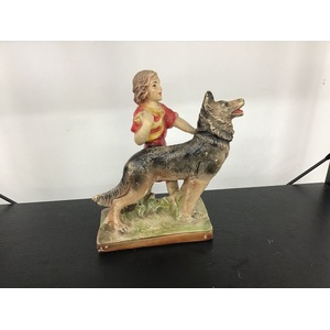 VINTAGE  Chalkware Girl & Dog Figurine - German Shepherd