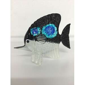 Glass Fish Ornament - Black & White w Blue Dots - Hand Blown & Painted - 6.5 cm