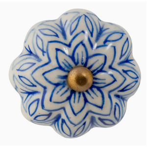 Flower Shaped Ceramic Drawer Knob - Vintage Blue  - Individual