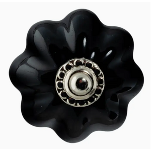 Flower Shaped Ceramic Drawer Knob - Black  - Individual