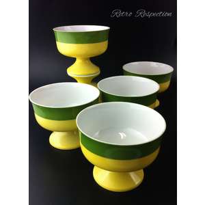 RETRO Hokone Japan Soup Sweets Bowls - Green & Yellow Footed Style