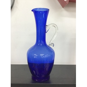 RETRO Blue Handblown Glass Jug w Clear Applied Handle