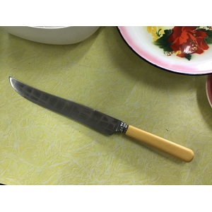 VINTAGE FA Kirk Sheffield Faux Bone Handled Large Serving Knife - Straight Edged Blade