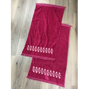 PAIR Retro MCM Dundee Bath Towels - Dark Pink w Embroidered Flowers & Fringe -  60 x 100 cm