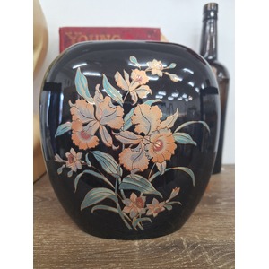 VINTAGE Japan Ceramic Black Vase with Daffodils