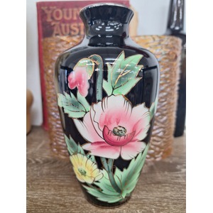 VINTAGE Japan Ceramic Black Vase with Poppies