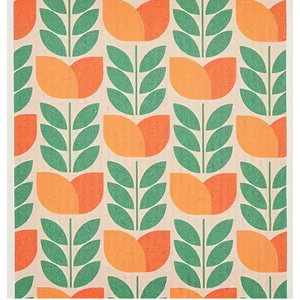 Orange & Green Flower - Swedish Style Dish Cloth - Retro Design