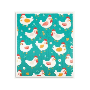 Blue Chickens - Swedish Style Dish Cloth - Retro Design