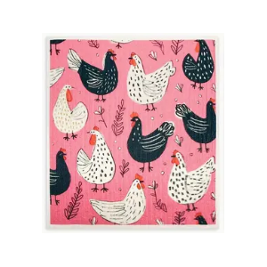 Pink Chickens - Swedish Style Dish Cloth - Retro Design