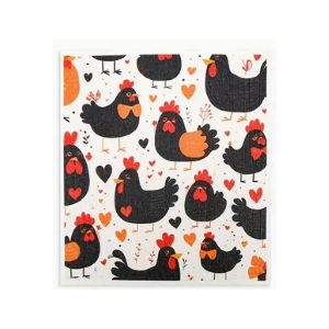 Brown Chickens - Swedish Style Dish Cloth - Retro Design