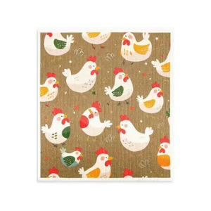 Khaki Chickens - Swedish Style Dish Cloth - Retro Design