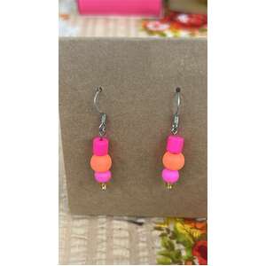 Dangle Bead Earrings - Pink & Orange - Stainless Steel