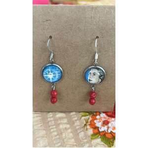 Dangle Bead Earrings - Red & Blue - Vintage Stamp 