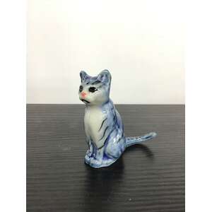 Ceramic Cat Ornament - Sitting - Blue & White Tabby - 3.5 cm