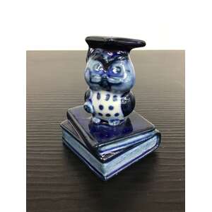 Ceramic Graduation Owl Ornament - Blue - 5 cm Tall