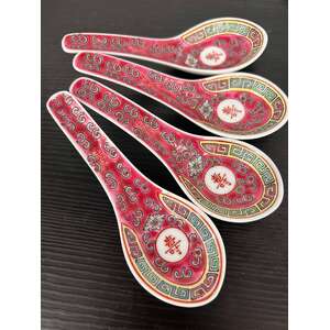 Vintage Chinese Mun Shou Soup Spoons x 4 - Jingdezhen Porcelain - Famille Rose