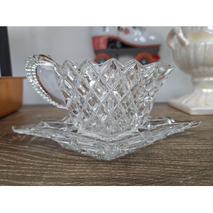 VINTAGE Glass Gravy Boat / Creamer Jug and Tray - Diamond Bagley