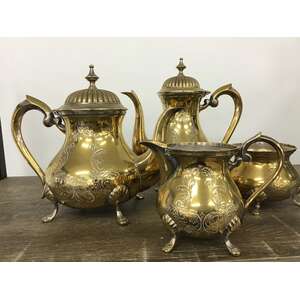 VINTAGE Gold Wash Silverplate Tea Set - 4 Piece - Teapot Coffee Pot Jug & Sugar 