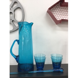 RETRO Blue Glass Jug & Glass Set & Stirrer