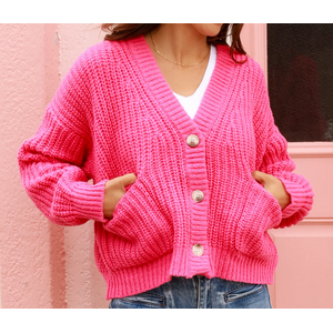 Chunky Knit Cardigan - Hot Pink- S/M