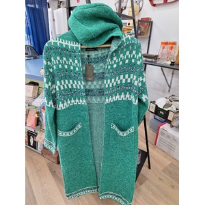 Long Green Cardigan Coat & Hoodie - Acrylic Blend - Boho Western Retro - S/M