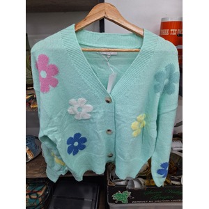 Wool Blend Cardigan - Retro Flower Mint - M/L