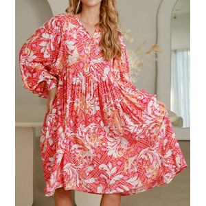 Everly Pink & Orange Floral Midi Dress Sleeves - 10