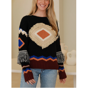 Acrylic Blend Jumper - Retro Knit Diamond Tassel - M/L